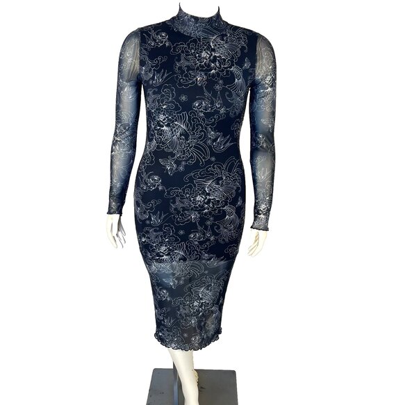 Forever 21 Bodycon Dress Womens M Asian Print Stretch Long Sleeve Mesh Mock Neck - Picture 1 of 14